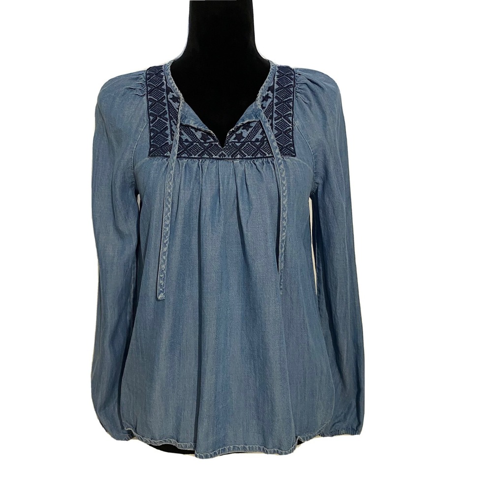 GAP‎ Top XS Denim Blue Navy Embroider Boho Tunic Keyhole Tie Neck Long Sl CUTE